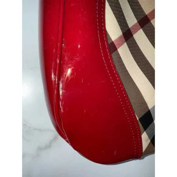 Burberry Nova Check Hobo Bag with Red Patent Trim Shoulder Bags